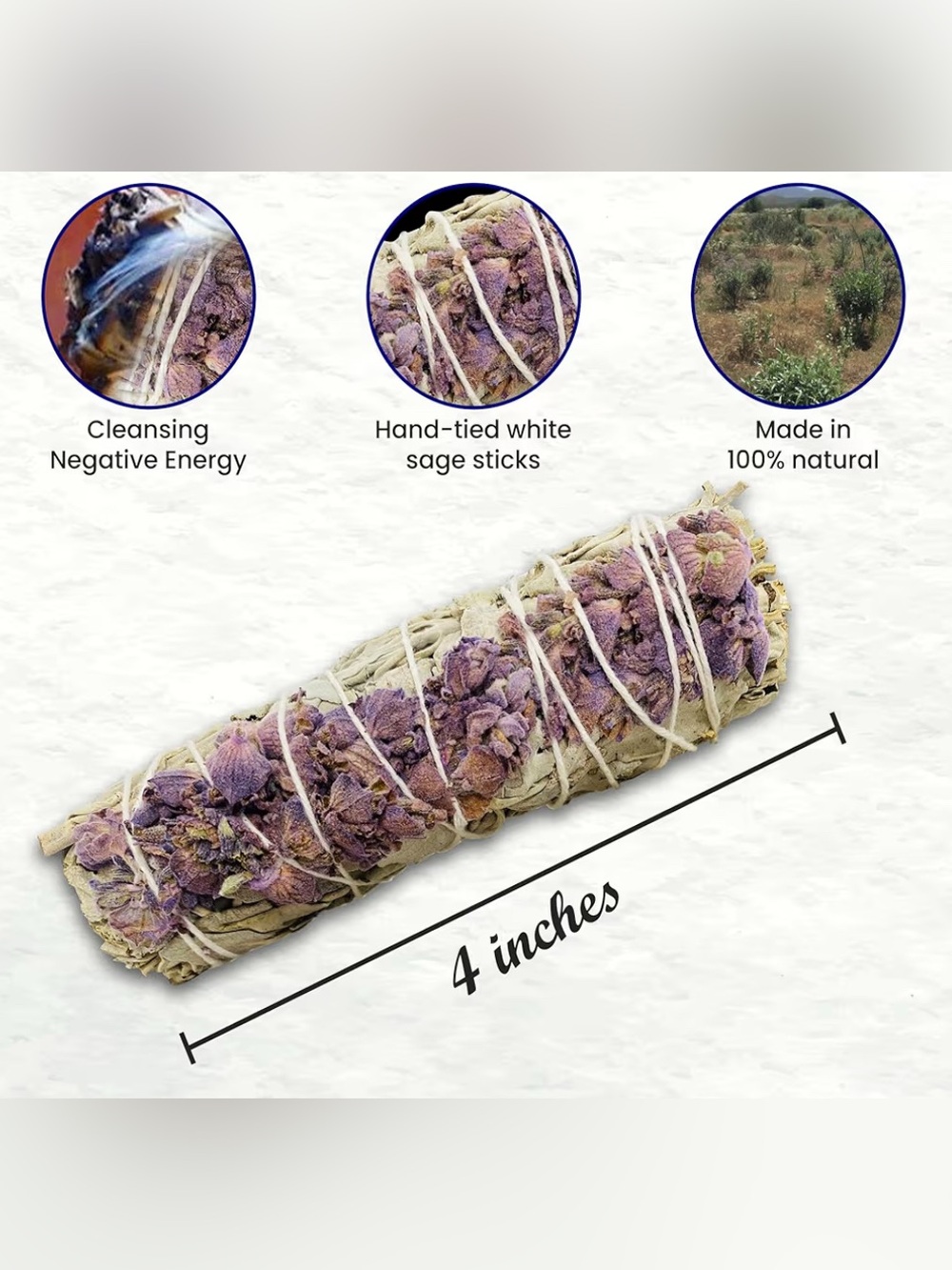 White Sage Smudge Stick with Lavender Flower Accents
